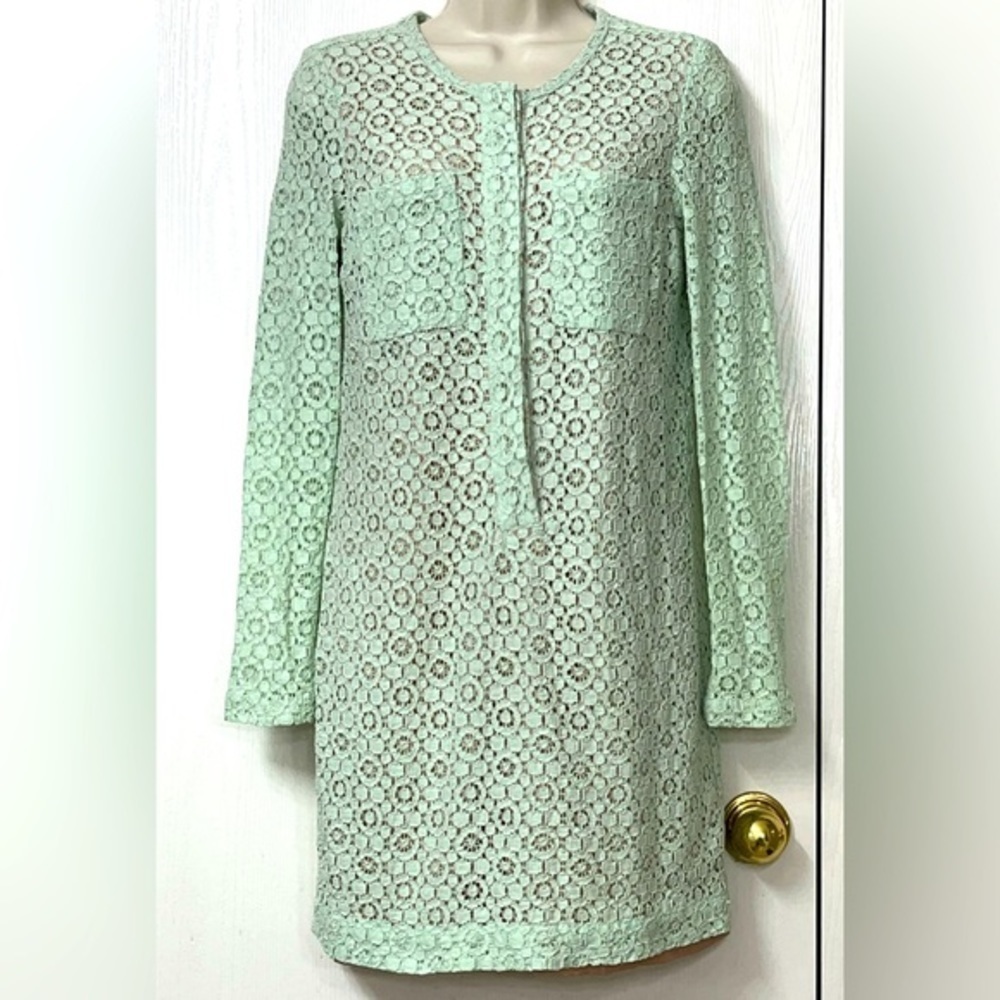 🟡 Victoria Beckham Nude & Green Lace Overlay Long Sleeve Dress
